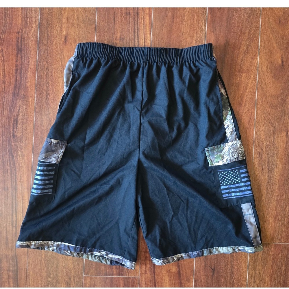 Mossy Oak Boys Black Camo Cargo bathing suit Shorts American Flag Size 14/16